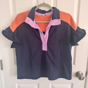 Voy Color Block Polo Shirt with Ruffled Sleeves